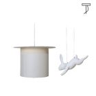 Karman Suspension lamp in white linen Wow with ceramic accessory Silvan E27 Ø 60 cm